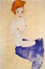 Famous Blue Paintings - Seated Girl with Bare Torso and Light Blue Skirt